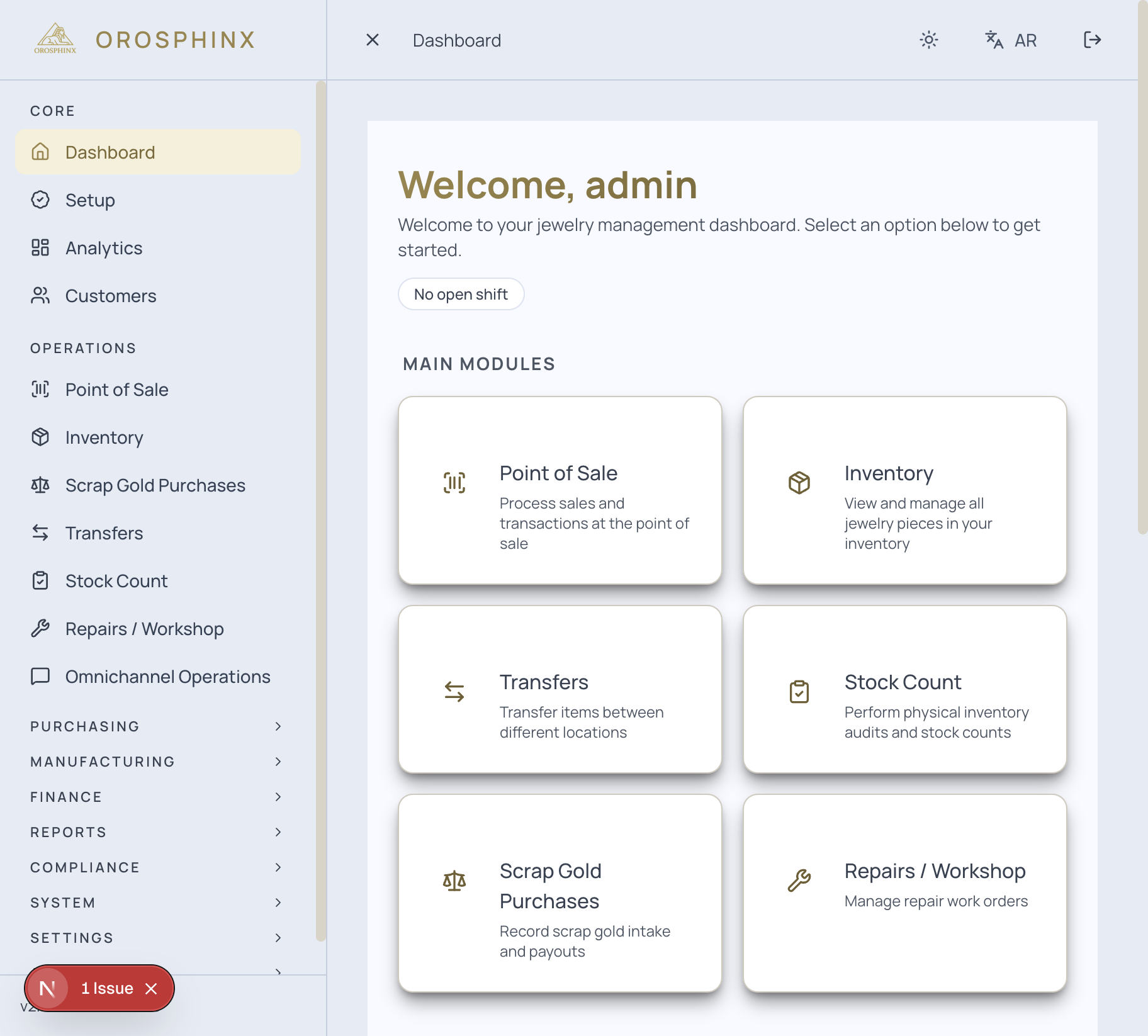 Orosphinx dashboard modules and inventory controls